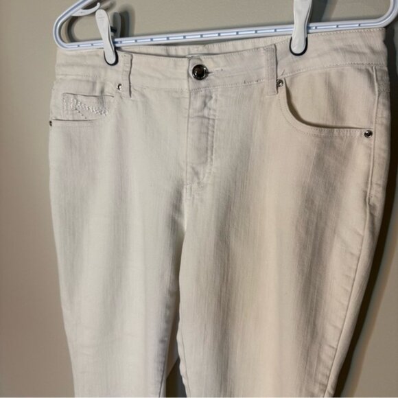 SIMON CHANG Straight Leg White Denim Jeans Embroidered Pockets Cigarette Pants - Picture 4 of 16